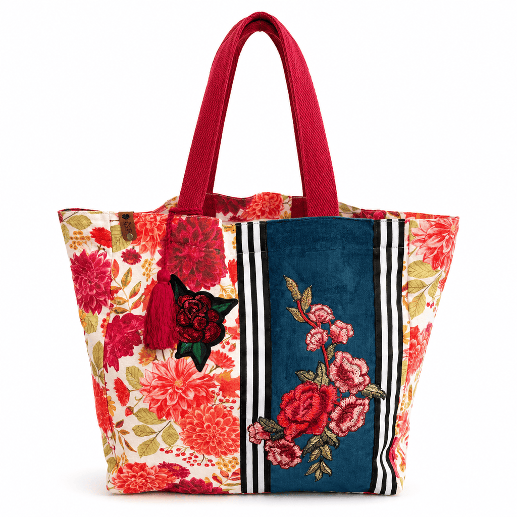 Sac Cabas Toile Imprimé Floral Roses et Dahlias | Sac Épaule Femme
