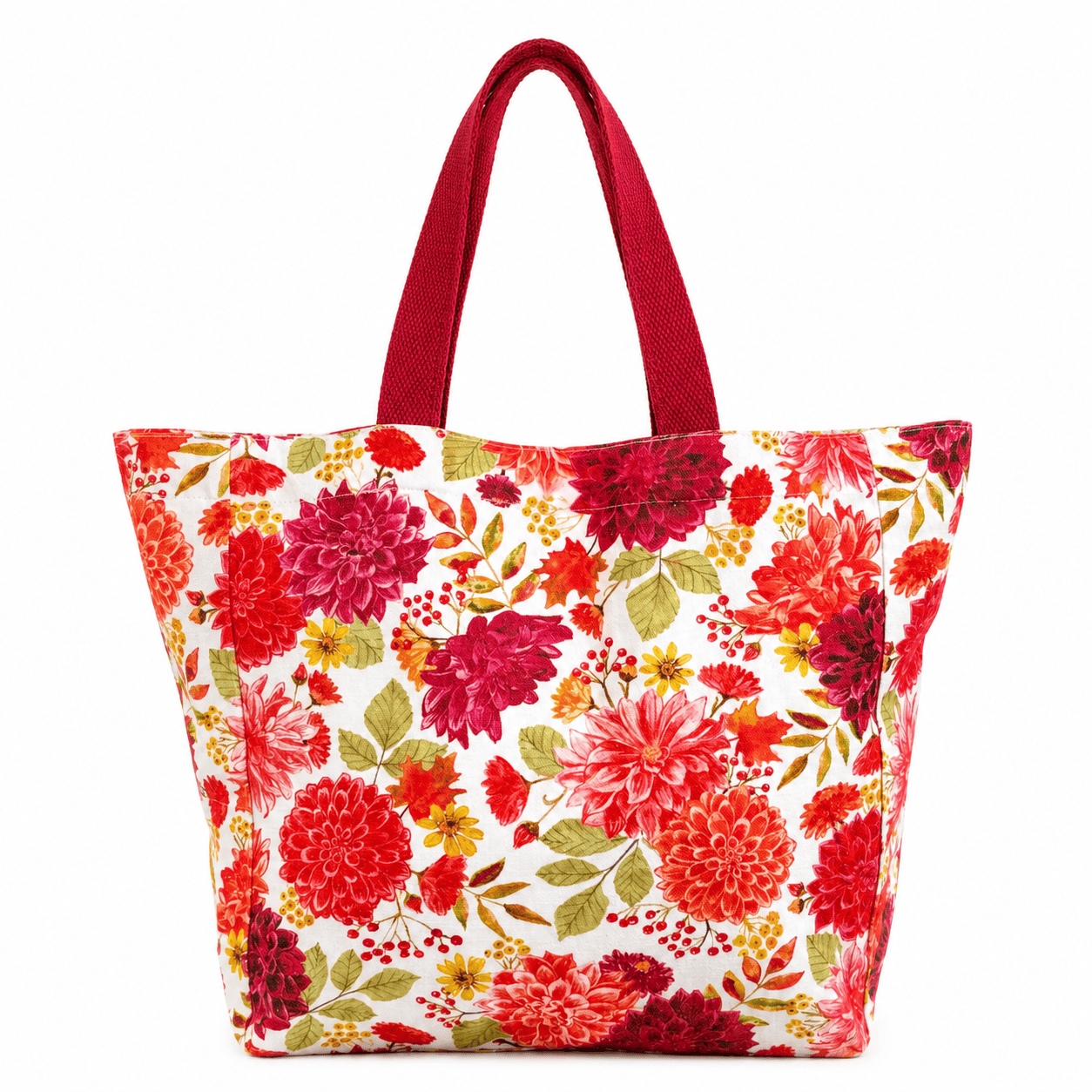 Sac Cabas Toile Imprimé Floral Roses et Dahlias | Sac Épaule Femme