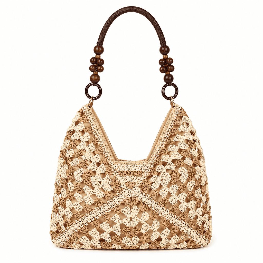 Sac Cabas Crochet Granny Square Anses Perles Bois | Sac Épaule Femme