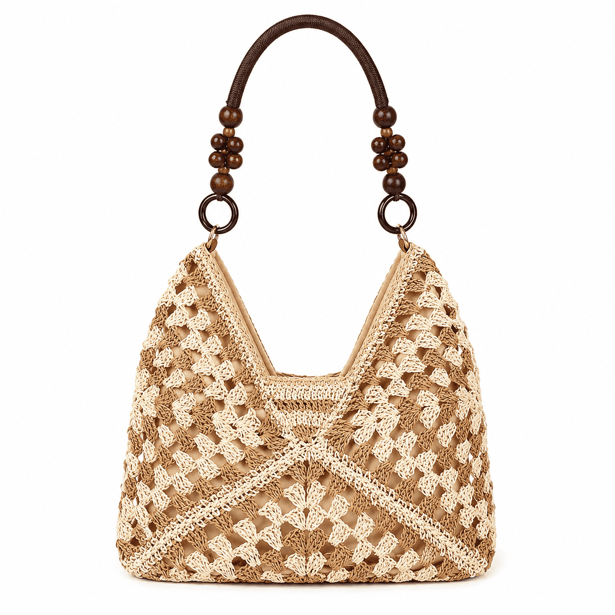 Sac Cabas Crochet Granny Square Anses Perles Bois | Sac Épaule Femme