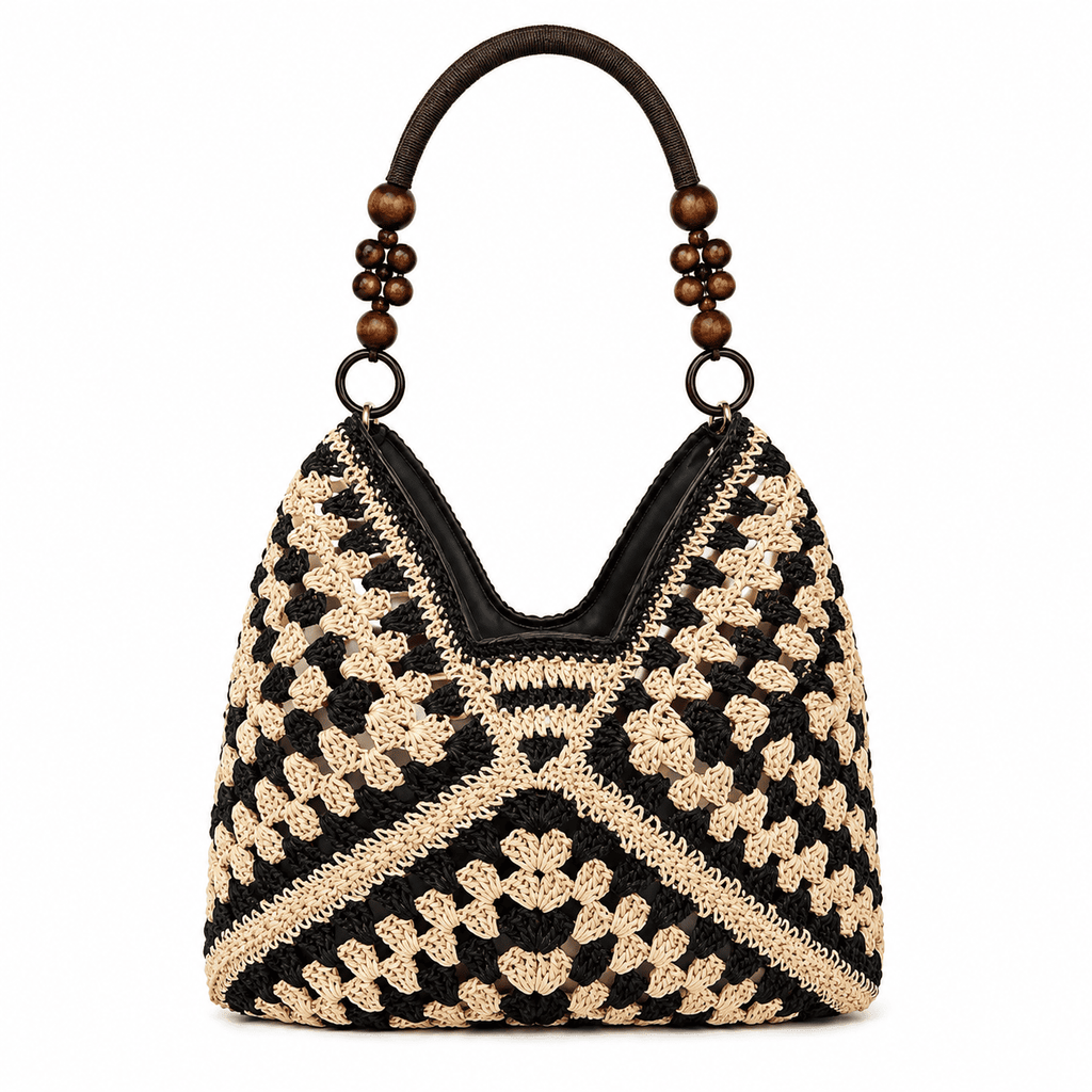 Sac Cabas Crochet Granny Square Anses Perles Bois | Sac Épaule Femme