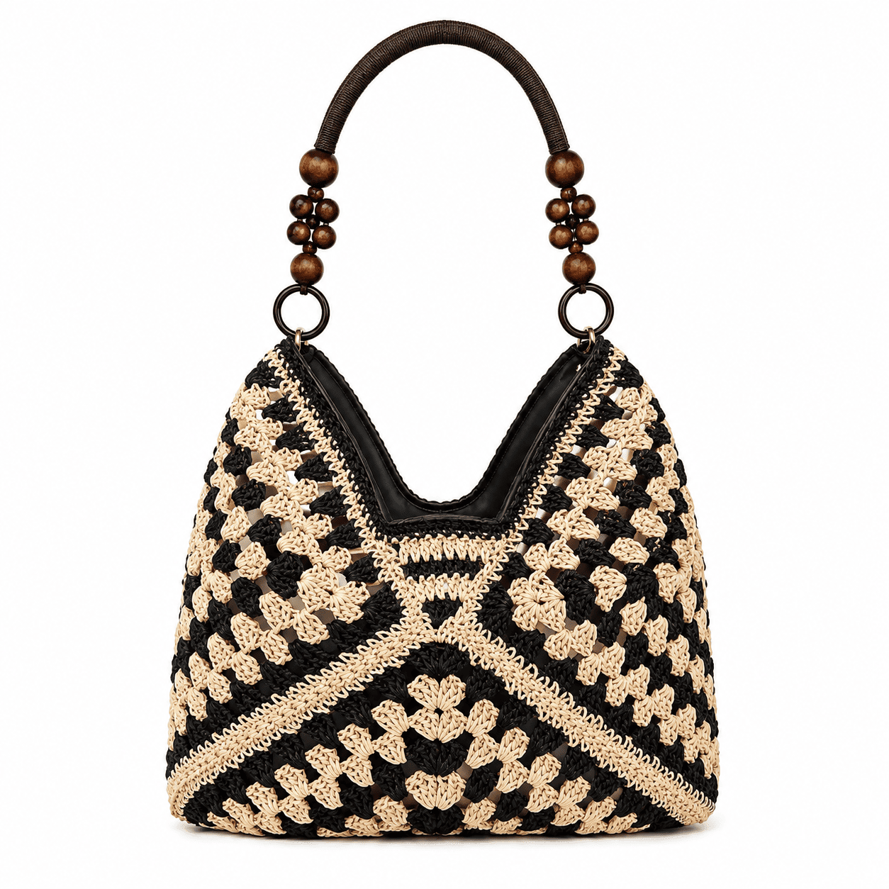 Sac Cabas Crochet Granny Square Anses Perles Bois | Sac Épaule Femme