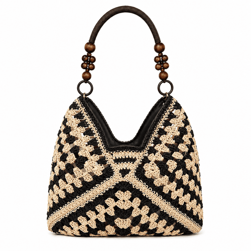 Sac Cabas Crochet Granny Square Anses Perles Bois | Sac Épaule Femme