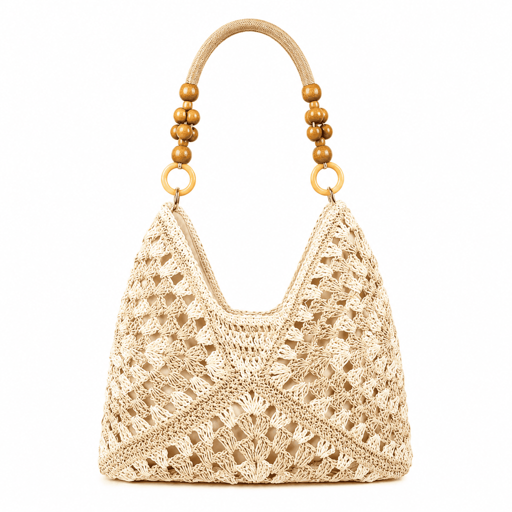Sac Cabas Crochet Granny Square Anses Perles Bois | Sac Épaule Femme