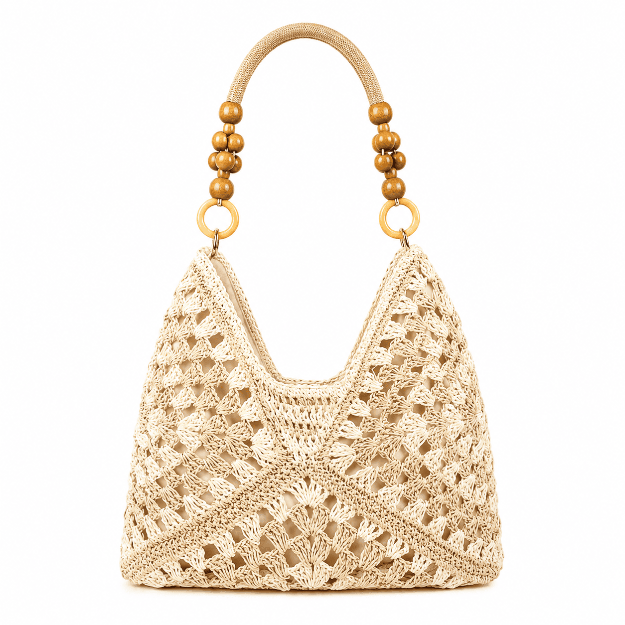 Sac Cabas Crochet Granny Square Anses Perles Bois | Sac Épaule Femme