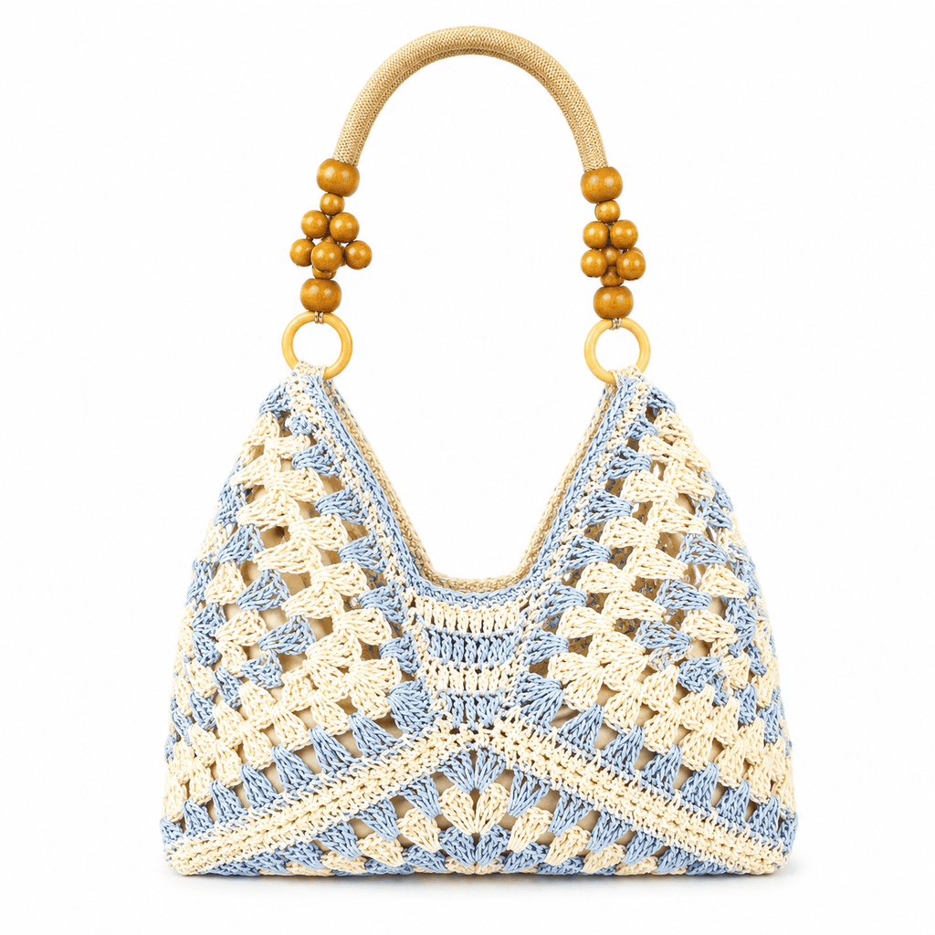 Sac Cabas Crochet Granny Square Anses Perles Bois | Sac Épaule Femme