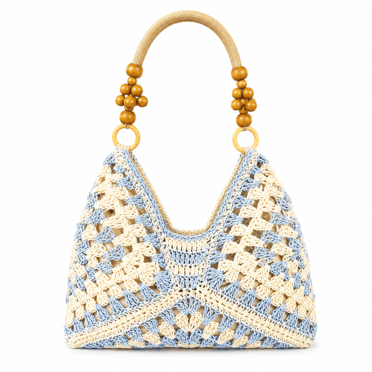 Sac Cabas Crochet Granny Square Anses Perles Bois | Sac Épaule Femme